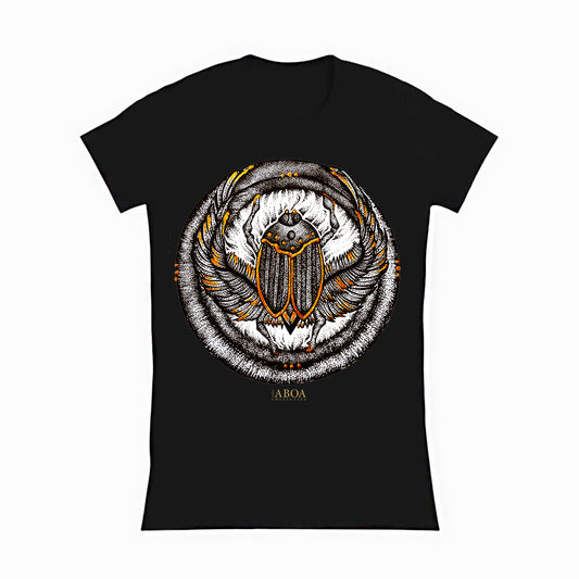 lifestyle apparel, casual clothing, unisex, stippled ink, ink art, pointillism, dot work, animal art, scarab, beetle, ink, black and white, stipple, women's t-shirt, women's fashion, women's wear, tees, t-shirt