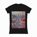 lifestyle apparel, casual clothing, unisex, stippled ink, ink art, pointillism, dot work, portrait, abstract portrait, pointillism, spirituality, rawness, earthly, spirit, colours, bold, fierce, energy, women's t-shirt, women's tee, women's fashion, women's wear