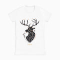 lifestyle apparel, casual clothing, unisex, buck, deer, reindeer, mandala, stippled ink, ink art, pointillism, dot work, animal art, women's tee, women's fashion, t-shirt, tees