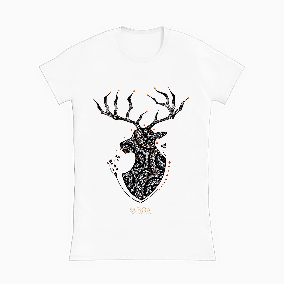 lifestyle apparel, casual clothing, unisex, buck, deer, reindeer, mandala, stippled ink, ink art, pointillism, dot work, animal art, women's tee, women's fashion, t-shirt, tees