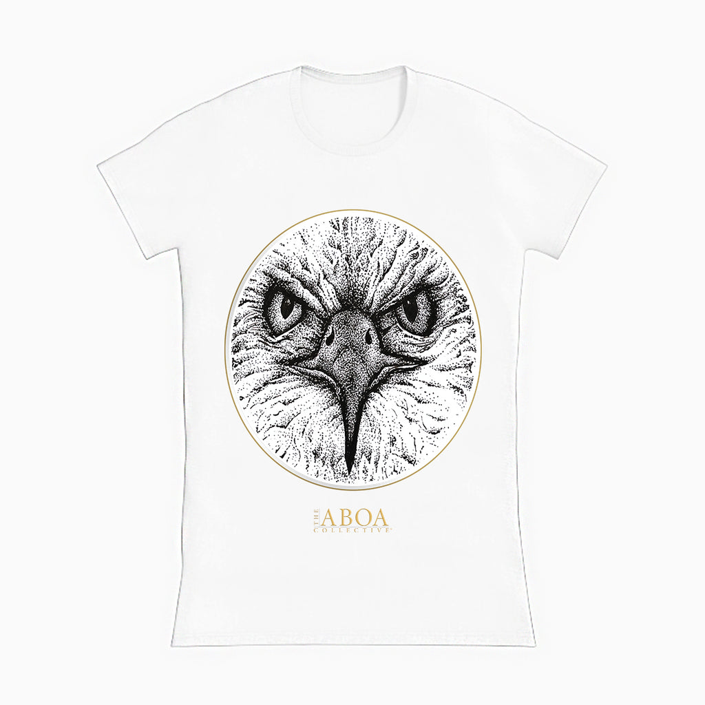 lifestyle apparel, casual clothing, unisex, stippled ink, ink art, pointillism, dot work, animal art, eagle, portrait, birds, birds of prey, stipple ink, women's tee, women's fashion, women's wear