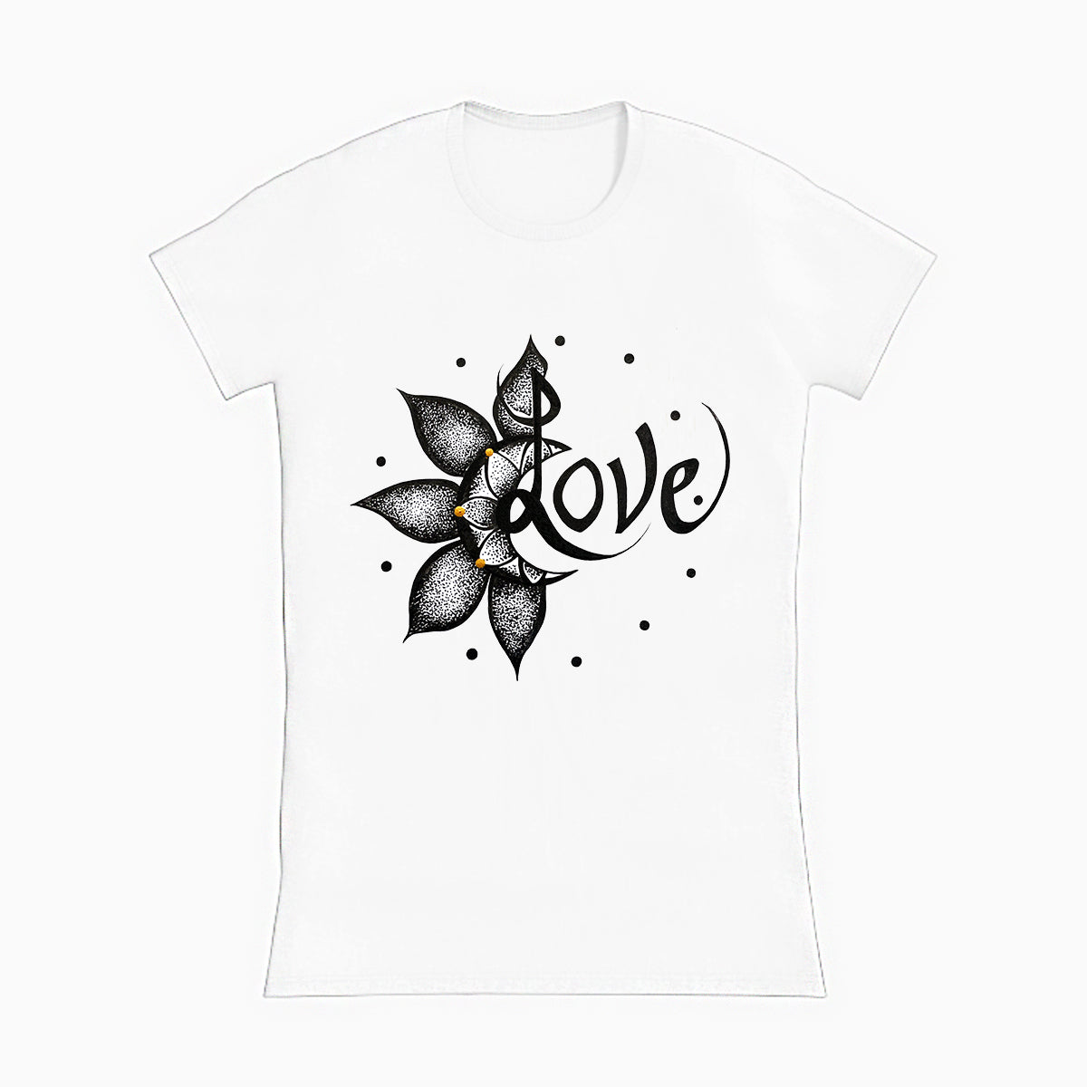 lifestyle apparel, casual clothing, unisex, stippled ink, ink art, pointillism, dot work, flower art, love, black and white, women's tee, women's fashion, t-shirt, tees