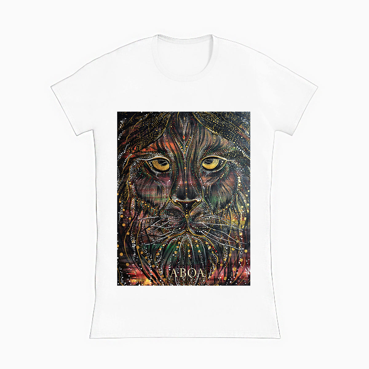 lifestyle apparel, casual clothing, unisex, stippled ink, ink art, pointillism, dot work, animal art, lion, portrait, abstract portrait, pointillism, king, lion art, fierce, humble, women's t-shirt, women's tee, women's fashion, women's wear