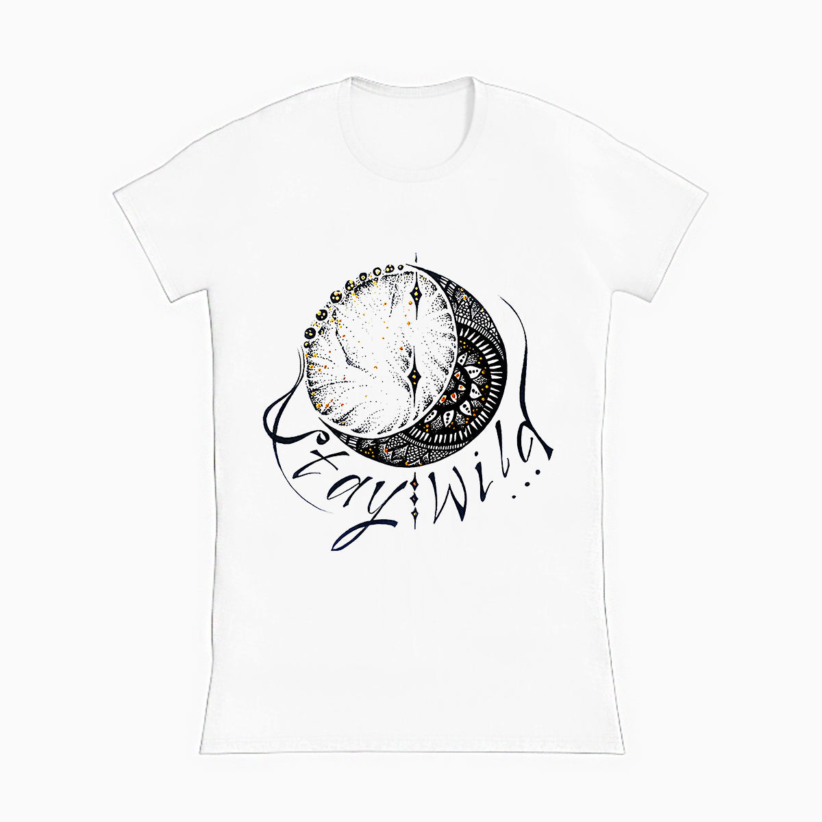 lifestyle apparel, casual clothing, unisex, stippled ink, ink art, pointillism, dot work, moon, loon lovers, mandala, love, black and white, stay wild, stipple, wild heart, free spirit, women's t-shirt, women's fashion, women's wear, t-shirt, tees