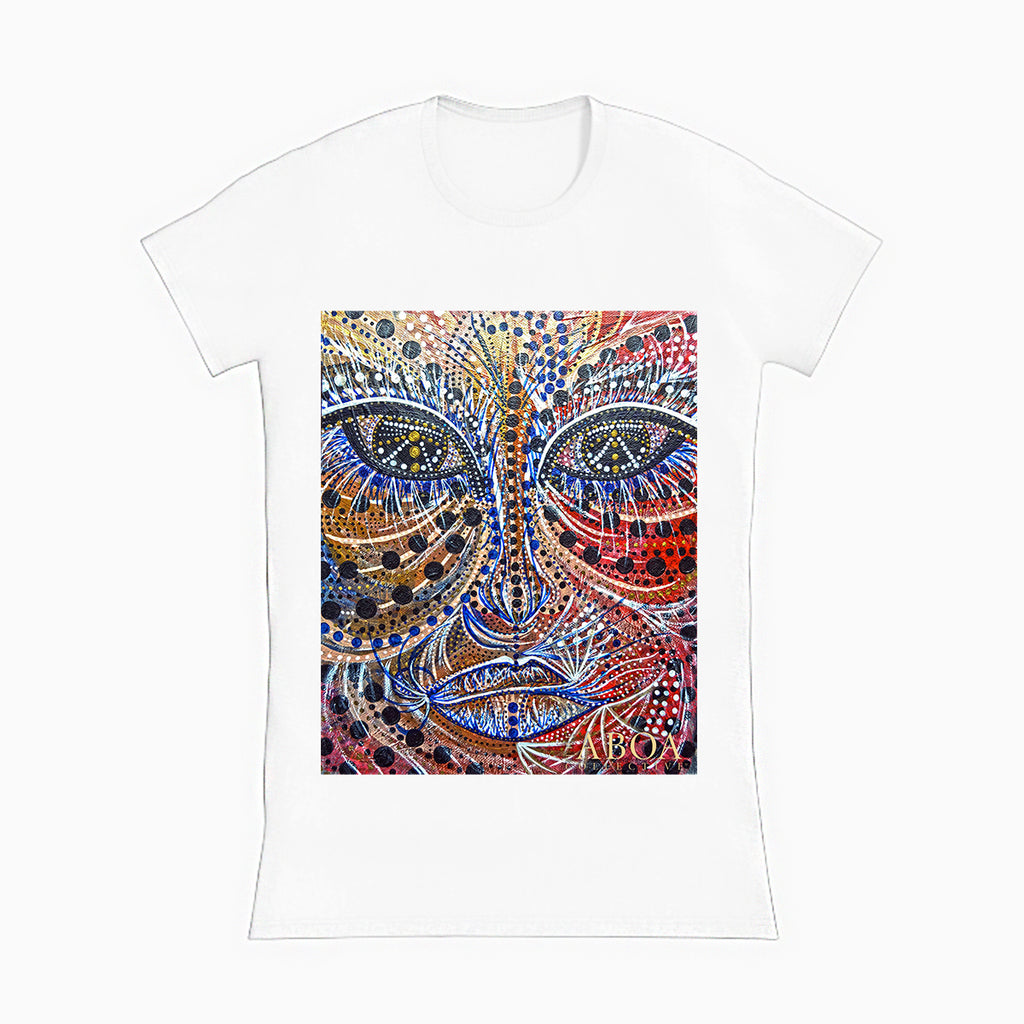 lifestyle apparel, casual clothing, unisex, stippled ink, ink art, pointillism, dot work, portrait, abstract portrait, pointillism, spirituality, rawness, earthly, spirit, colours, bold, fierce, energy, women's t-shirt, women's tee, women's fashion, women's wear