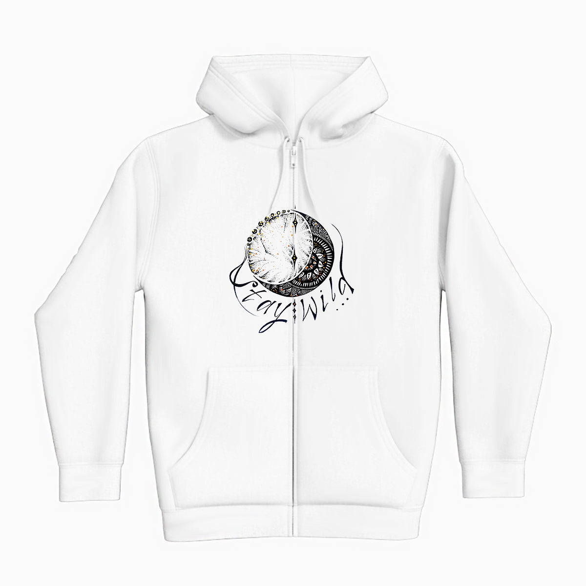 lifestyle apparel, casual clothing, unisex, stippled ink, ink art, pointillism, dot work, moon, loon lovers, mandala, love, black and white, stay wild, stipple, wild heart, free spirit, hoody, full zip, hoody season, fleece, winter looks, winter fashion, winter wear, streetwear