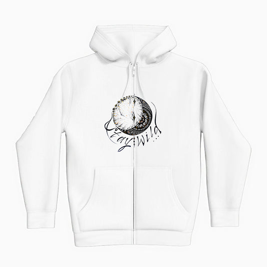 lifestyle apparel, casual clothing, unisex, stippled ink, ink art, pointillism, dot work, moon, loon lovers, mandala, love, black and white, stay wild, stipple, wild heart, free spirit, hoody, full zip, hoody season, fleece, winter looks, winter fashion, winter wear, streetwear