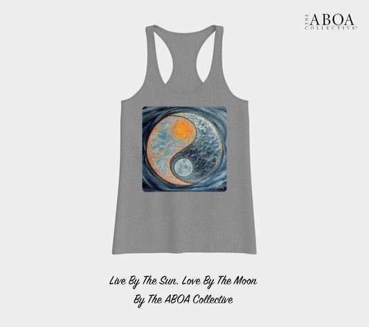 yin yang, sun and moon, artsy, artwork, tank top, women's tan top, racerback tank, resort wear, fashion art, fashion design, activewear, lifestyle apparel, athletic wear