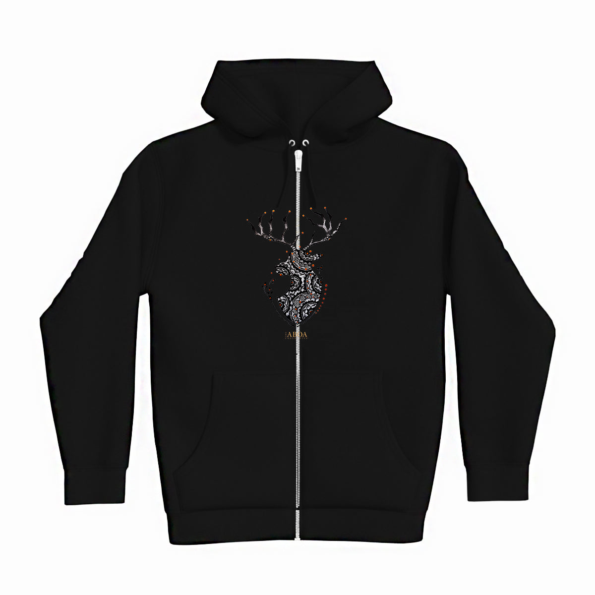 lifestyle apparel, casual clothing, unisex, buck, deer, reindeer, mandala, stippled ink, ink art, pointillism, dot work, animal art, hoodie, hoody, hoody season, fleece, winter looks, winter fashion, winter wear, streetwear