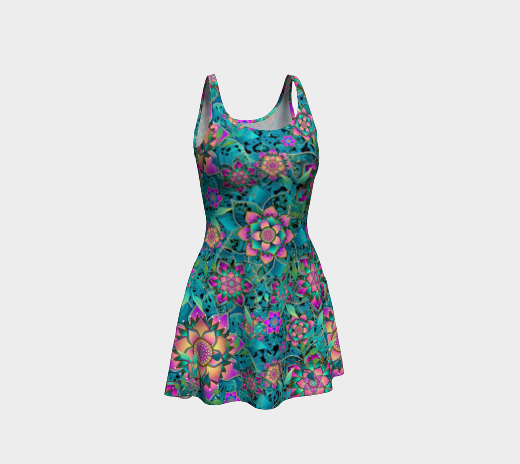 TEAL TROPICAL  FLARE DRESS
