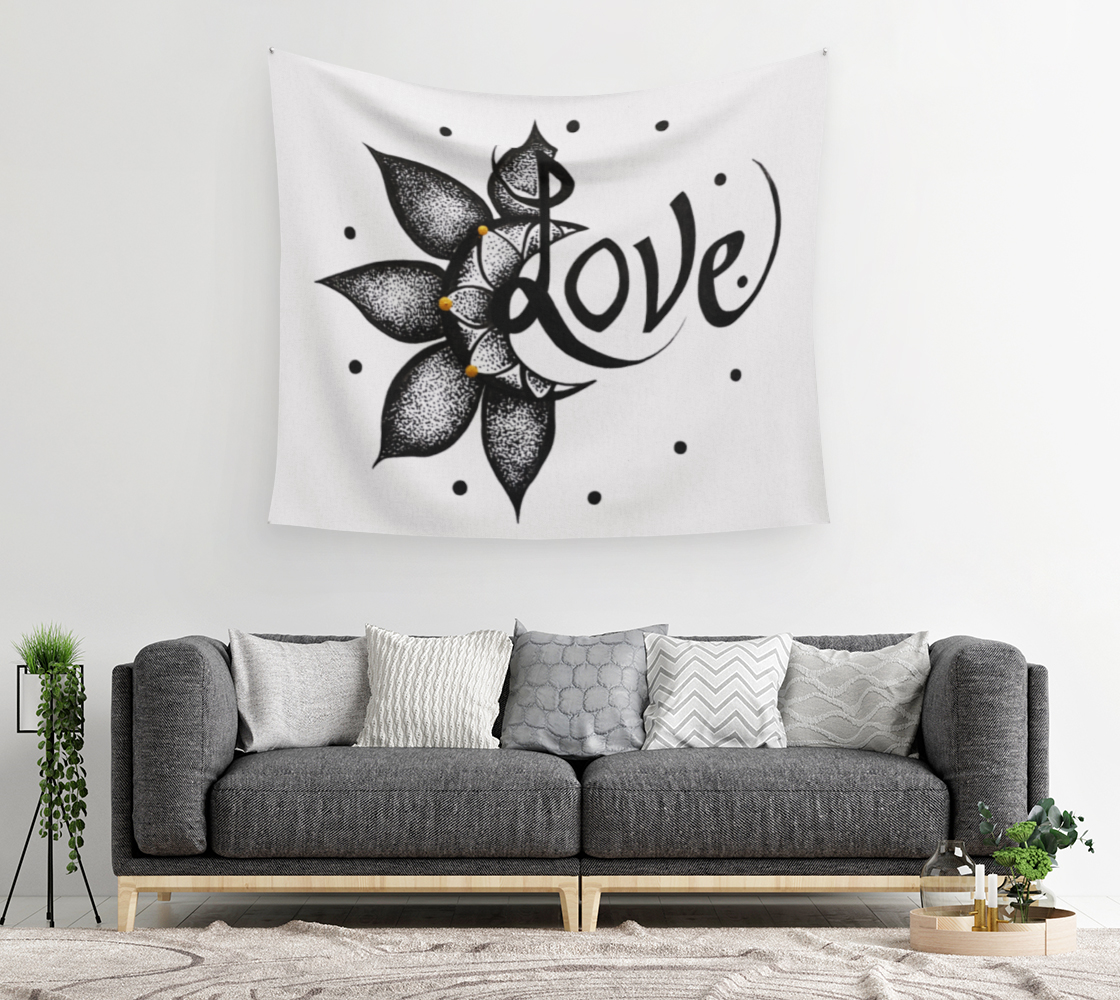 TAPESTRY, WALL TAPESTRY, WALL ART, DECOR, HOME, ART PRINT, CONTEMPORARY ART, FLOWER, LOVE, CONTEMPORARY ART, STIPPLED INK, ILLUSTRATION