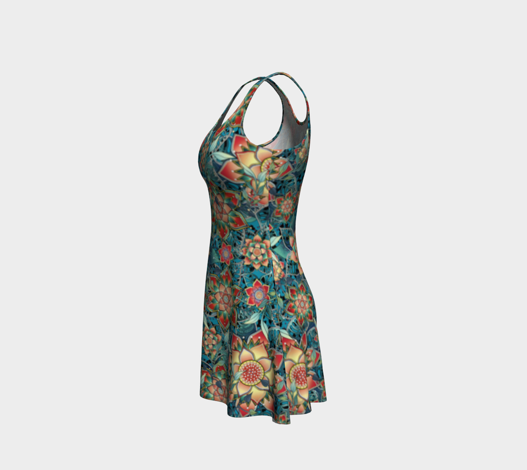 TEAL TROPICAL ORANGE  FLARE DRESS