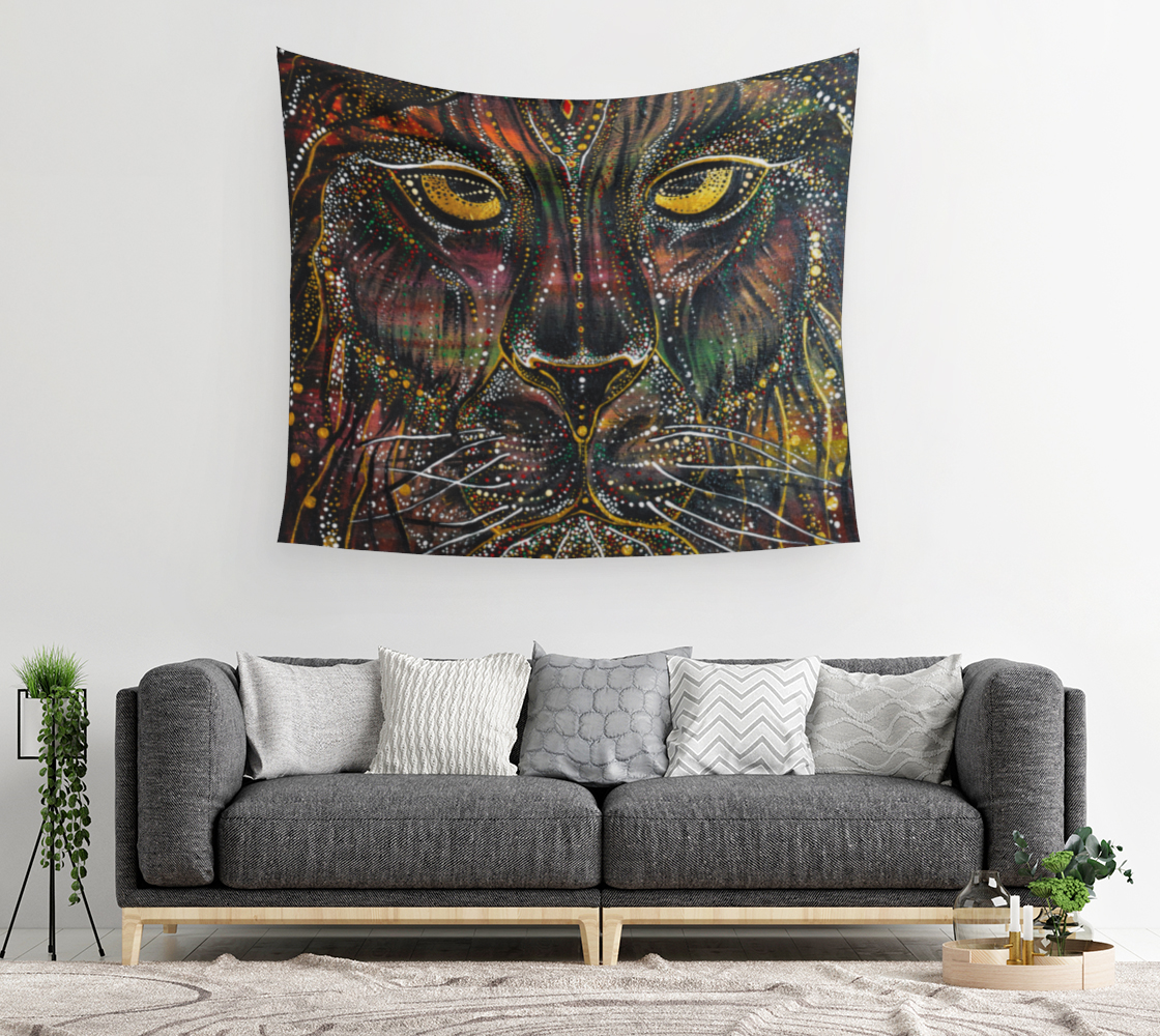 TAPESTRY, WALL TAPESTRY, WALL ART, DECOR, HOME, ART PRINT, CONTEMPORARY ART, KING, LION, WARRIOR, BEAST, TRIBAL, PORTRAIT, ANIMAL ART