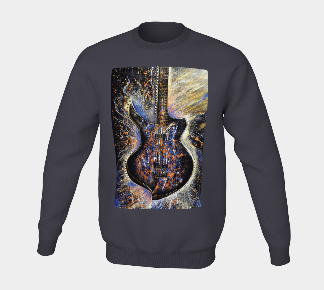 Fleece, sweater, crew neck, long sleeve, winter fashion, lifestyle apparel, casual apparel, fitness, fashion art, music, music lovers, guitar, electric guitar, pointillism