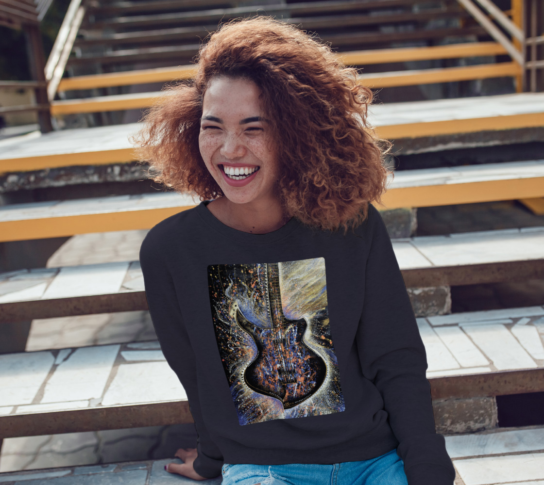 Fleece, sweater, crew neck, long sleeve, winter fashion, lifestyle apparel, casual apparel, fitness, fashion art, music, music lovers, guitar, electric guitar, pointillism