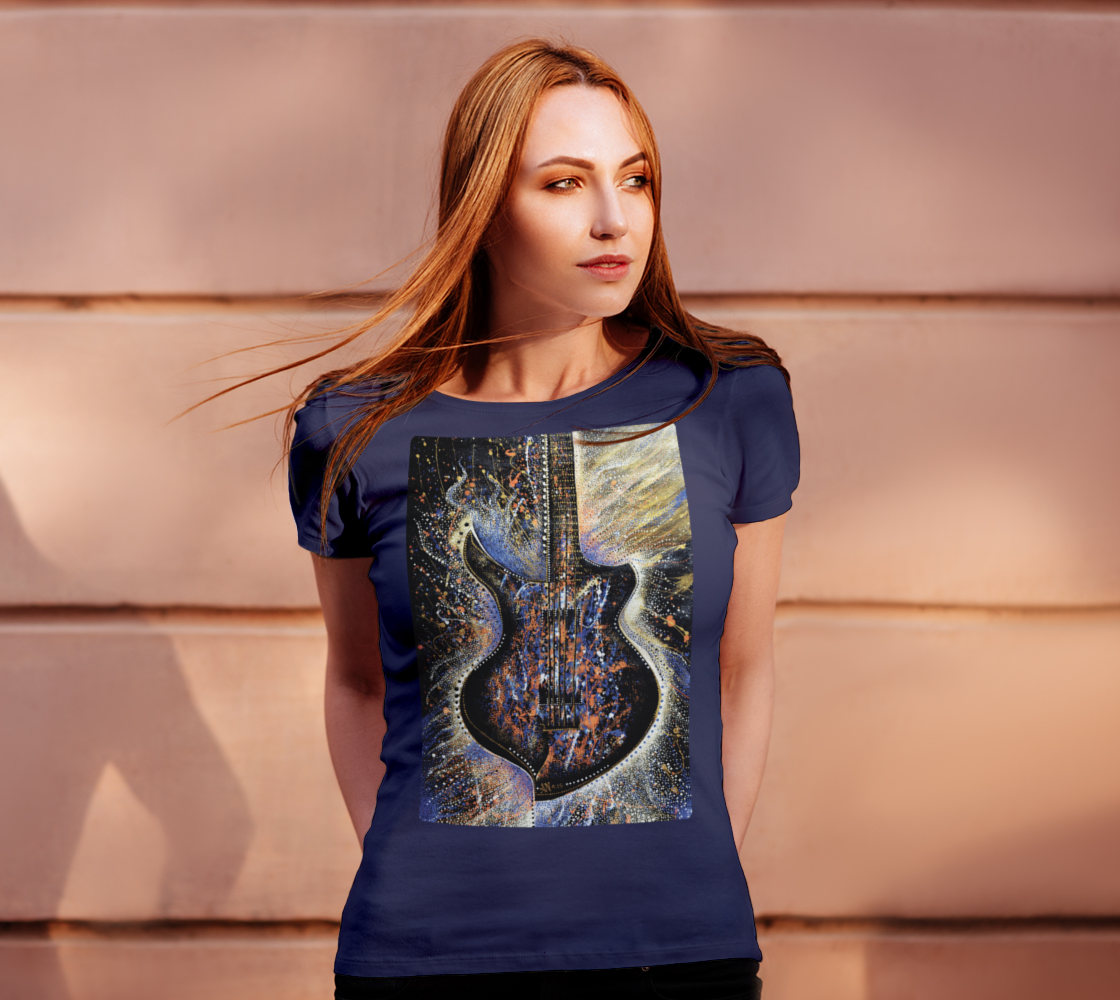 t-shirt, tees, womens tee, fitted tee, crew neck, long sleeve, winter fashion, lifestyle apparel, casual apparel, fitness, fashion art, music, music lovers, guitar, electric guitar, contemporary art, painting