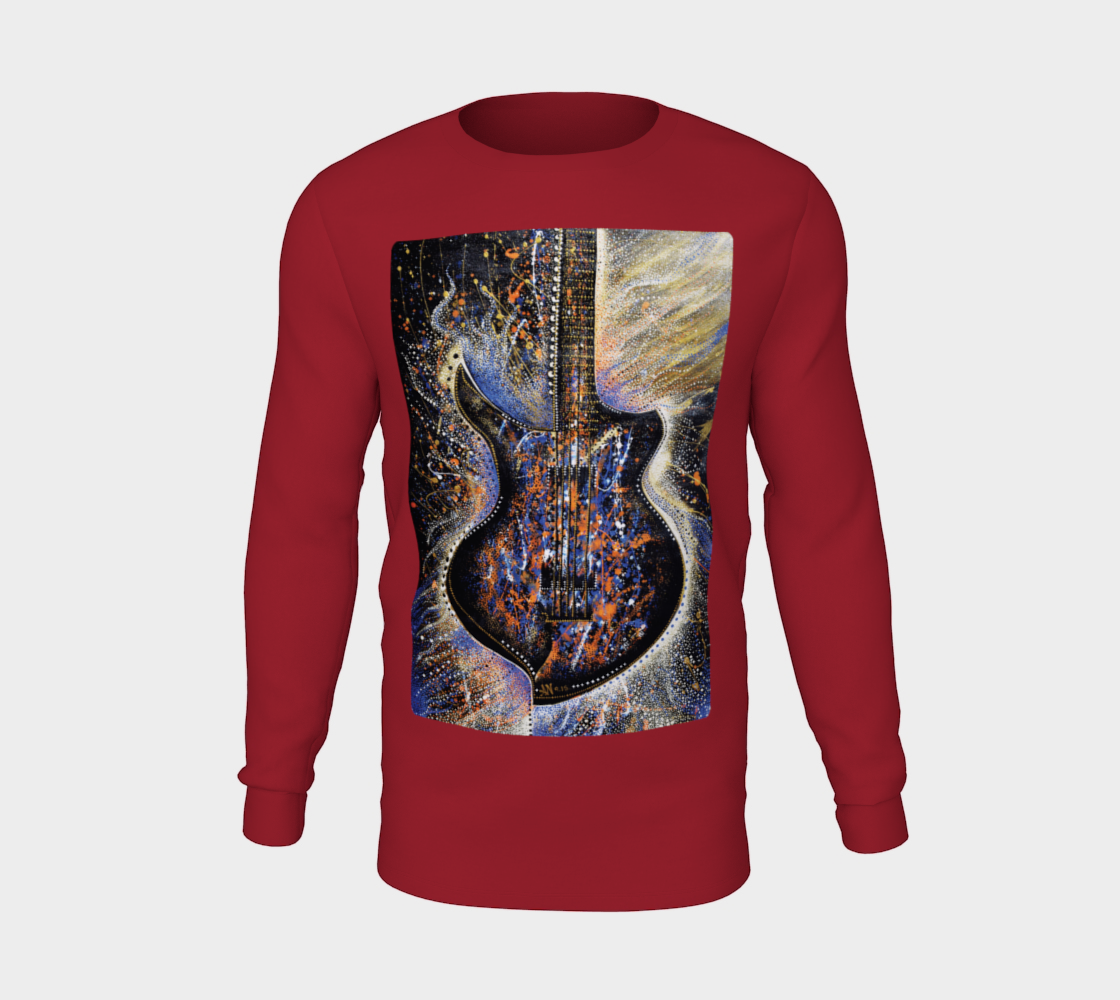 crew neck, long sleeve, winter fashion, lifestyle apparel, casual apparel, fitness, fashion art, unisex, music, music lovers, guitar, electric guitar, pointillism, painting