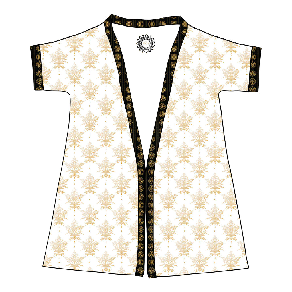 robe, robe style, beach wear, swimwear, cover up, travel fashion, resort wear, summer fashion, summer looks, boho, boho style, unsiex, pattern design, textile art, swim week, couture, handmade, high fashion, white and gold, leaf, mandala art
