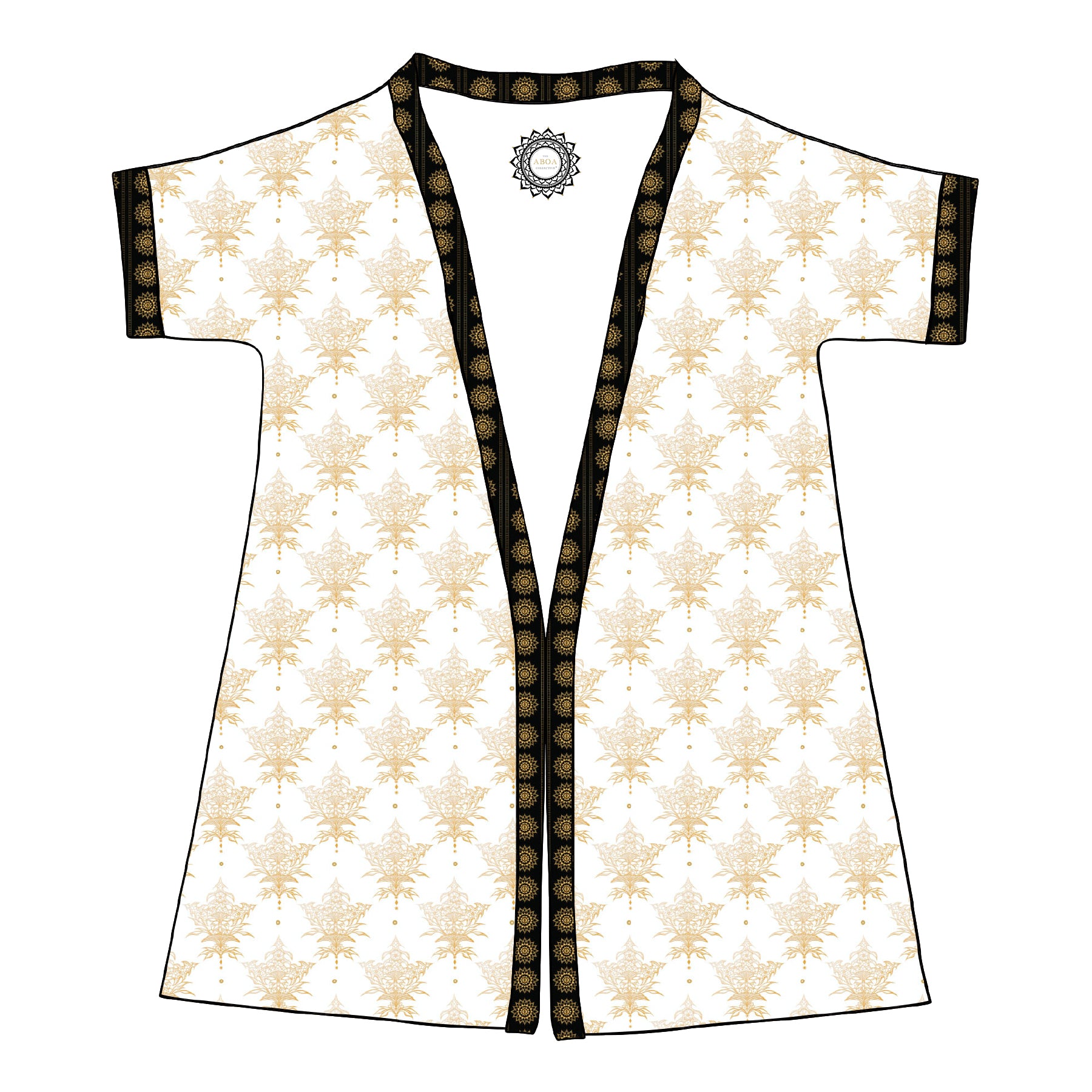 robe, robe style, beach wear, swimwear, cover up, travel fashion, resort wear, summer fashion, summer looks, boho, boho style, unsiex, pattern design, textile art, swim week, couture, handmade, high fashion, white and gold, leaf, mandala art