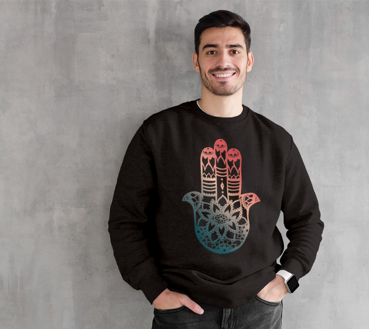 Hamsa, Hamsa Hand, mandala, crew neck, fleece, long sleeve, sweater, fall fashion, winter wear, fashion art, unisex