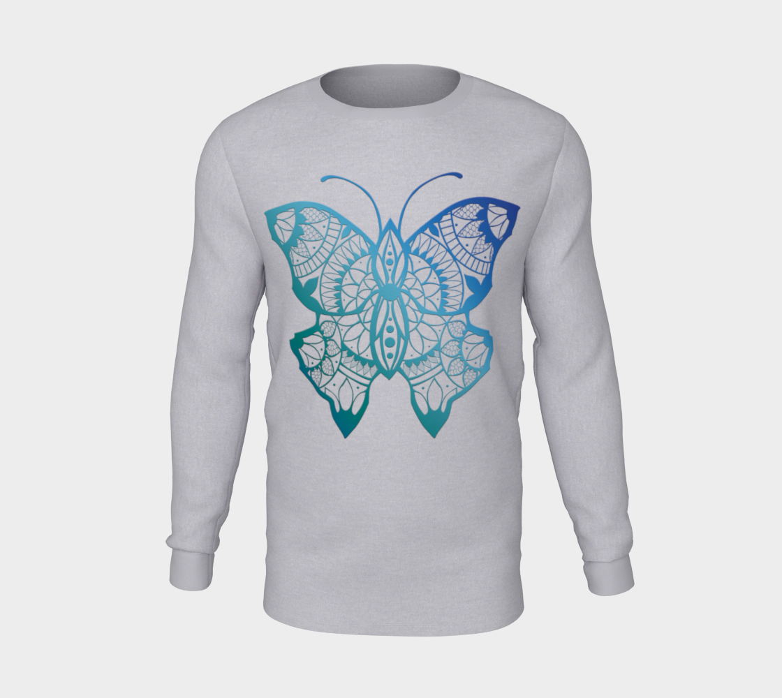 butterfly, animals, blue, mandala, long sleeve, crew neck, long sleeve, sweater, fall fashion, winter wear, fashion art, unisex