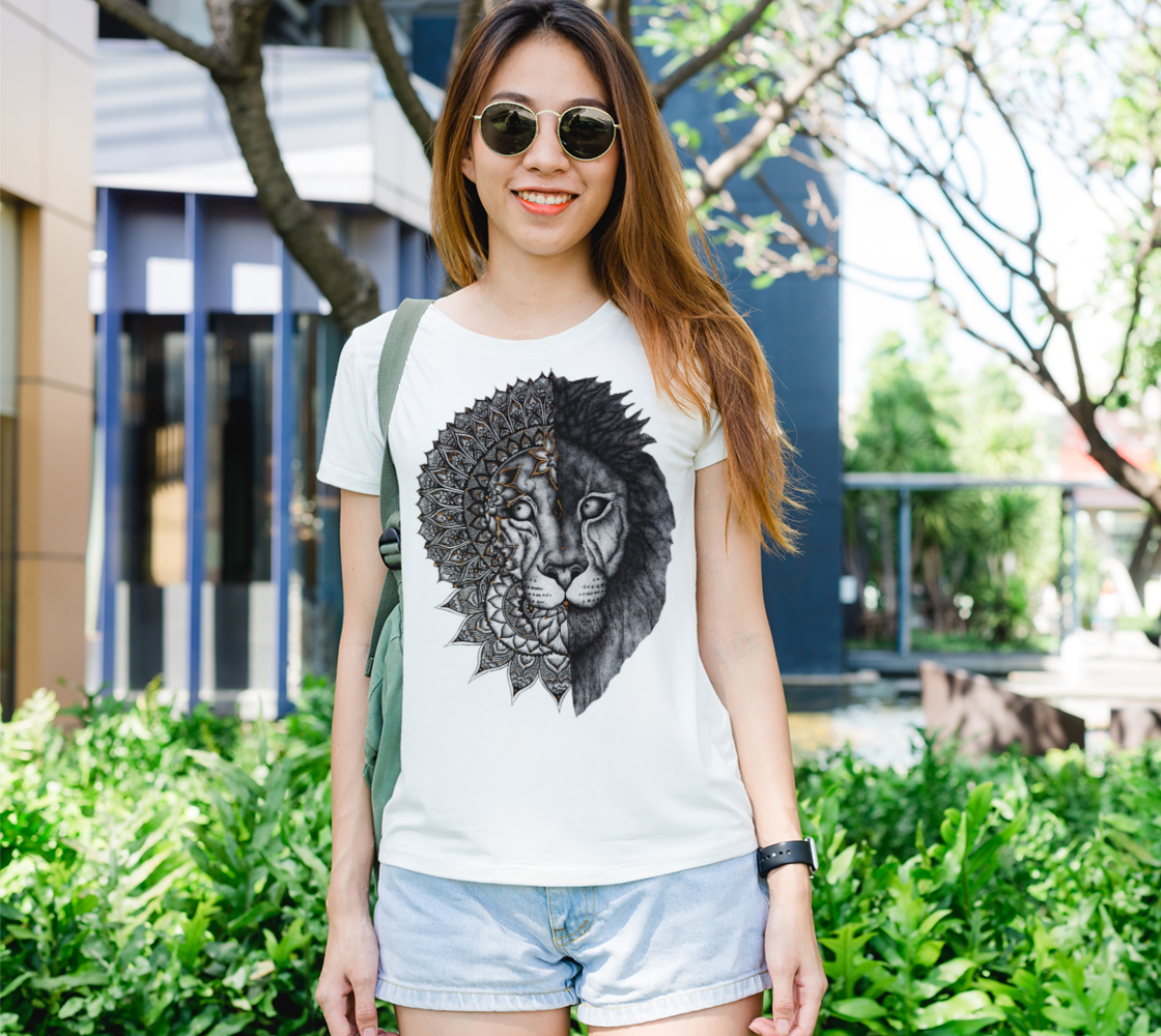 Lion. lion art, mandala, stippled ink. t-shirt, tees, crew neck, fall fashion, casual, trendy, womens wear
