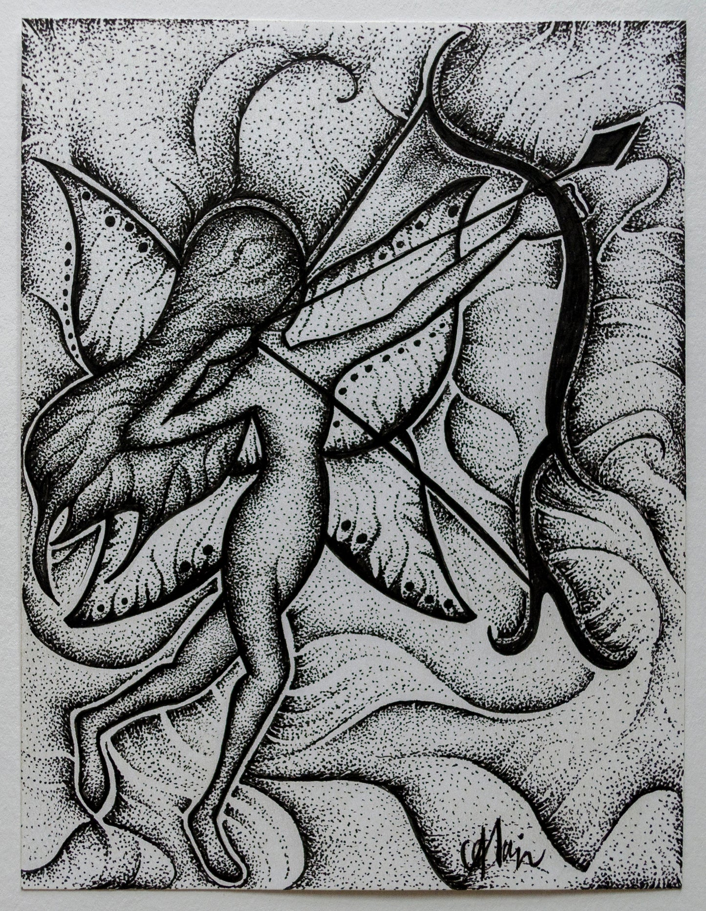 Angel, angel wings, illustration, stippled ink, pointillism, black and white, contemporary art, art gallery, art buyer, wall art