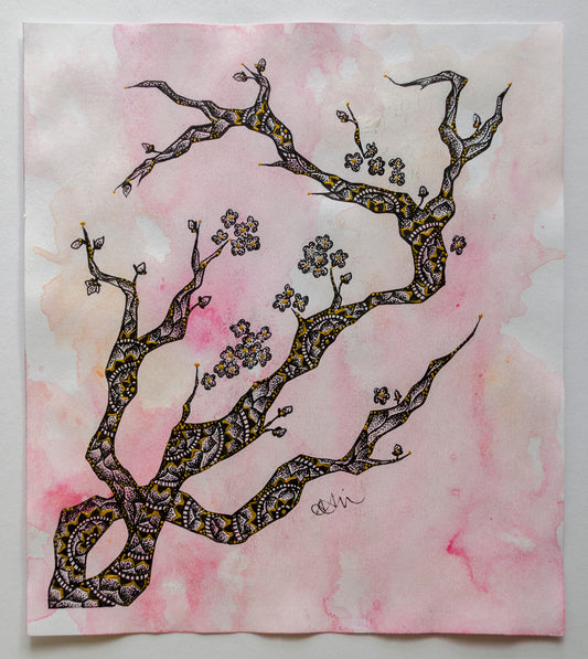 Cherry blossoms, flowers, spring bloom, pink, stippled ink, ink art, pointillism, dot work, illustration, contemporary art, nature art, mixed media, art gallery, wall art, wall decor