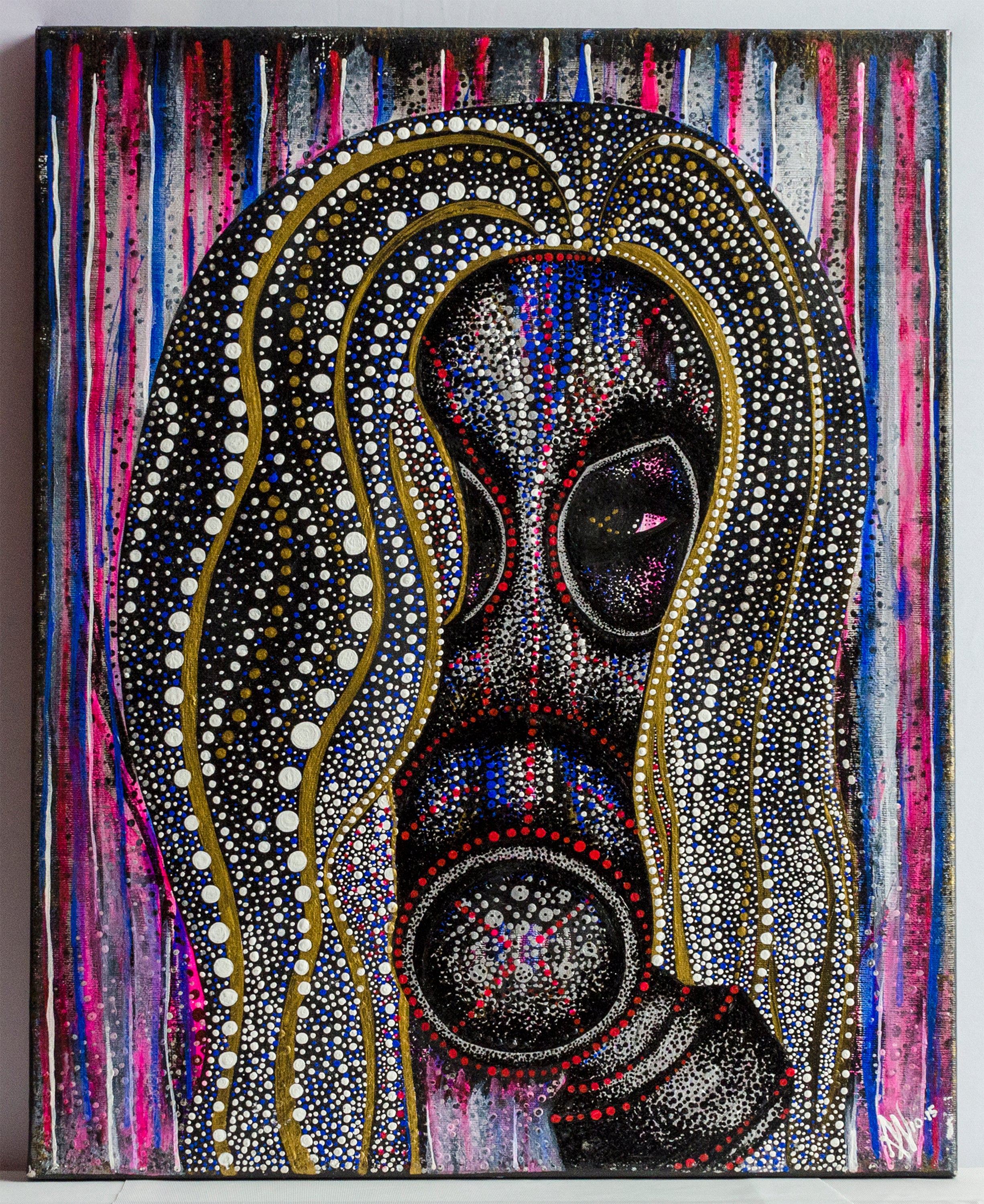 Mask, mystery, canvas, pointillism, dot work, illustration, contemporary art, nature art, mixed media, art gallery, wall art, wall decor