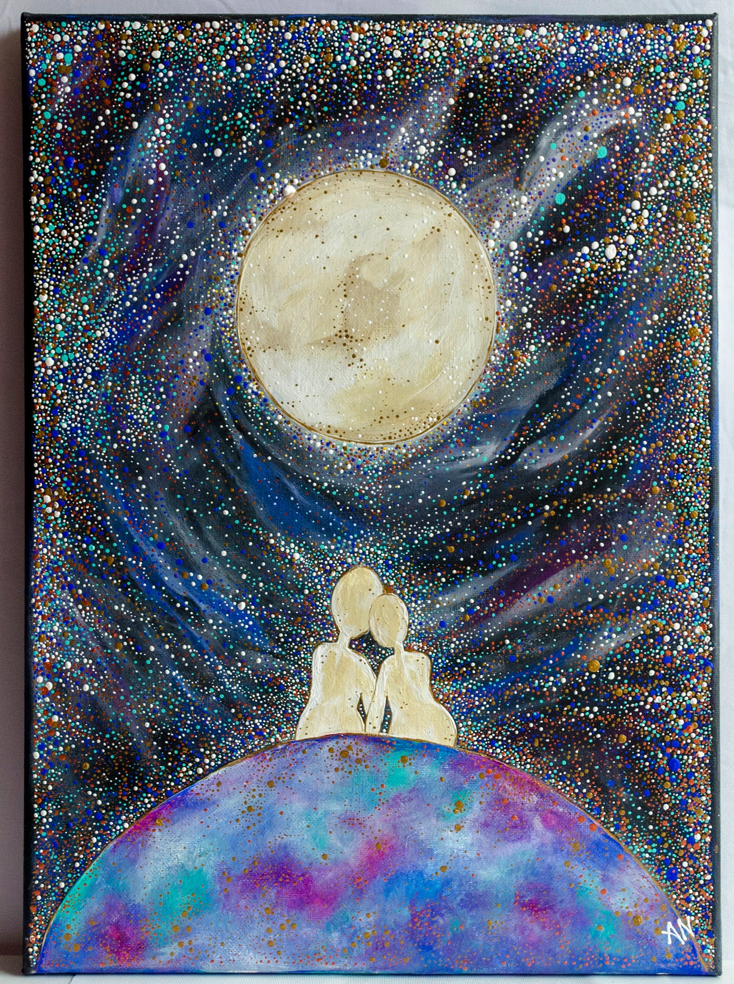 Moon lovers, soul mates, full moon, universe, pointillism, painting, canvas, contemporary art, nature art, mixed media, art gallery, wall art, wall decor