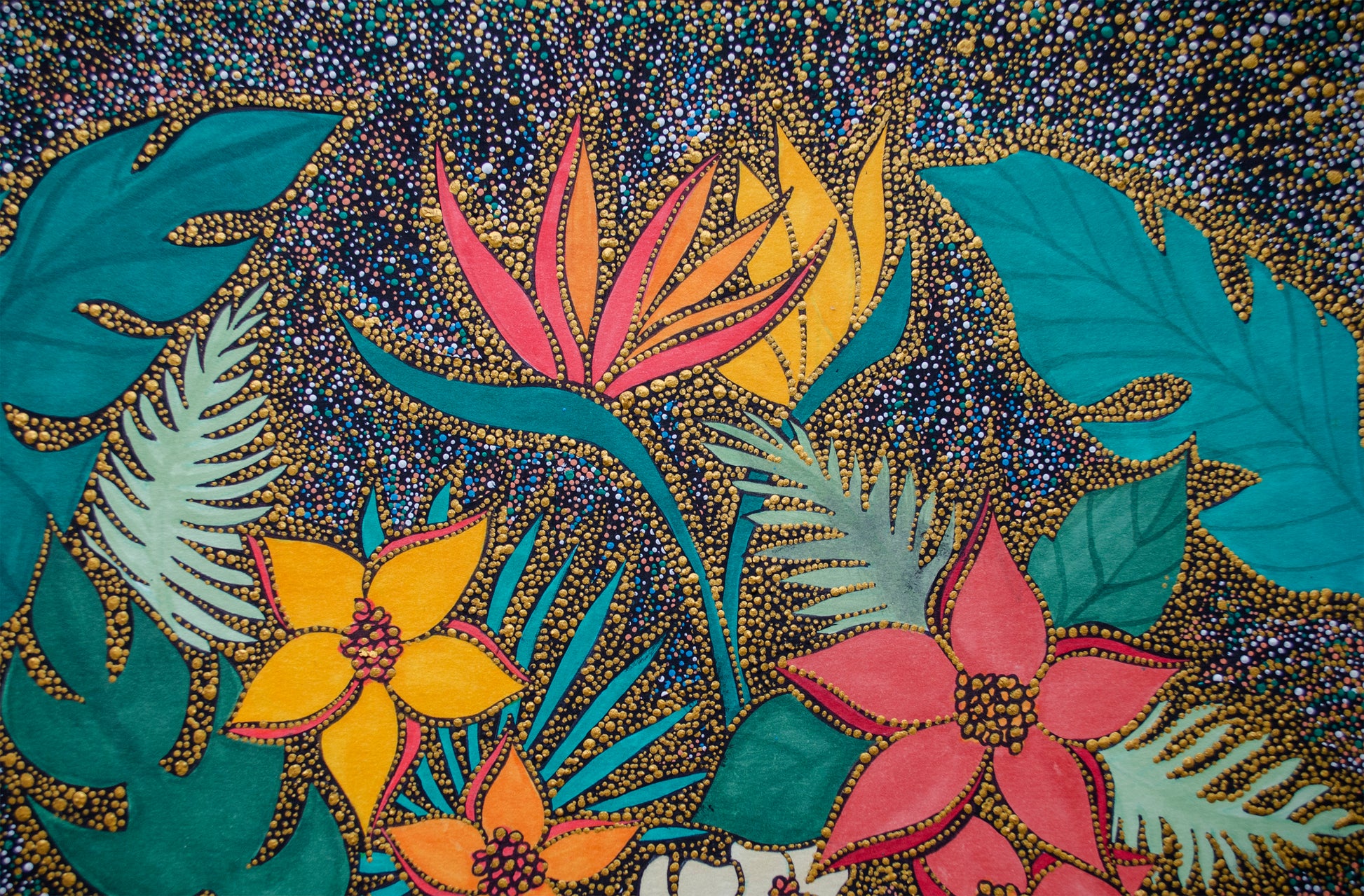 Flowers, tropical flowers, tropical, jewels, pointillism, painting, canvas, contemporary art, nature art, mixed media, art gallery, wall art, wall decor