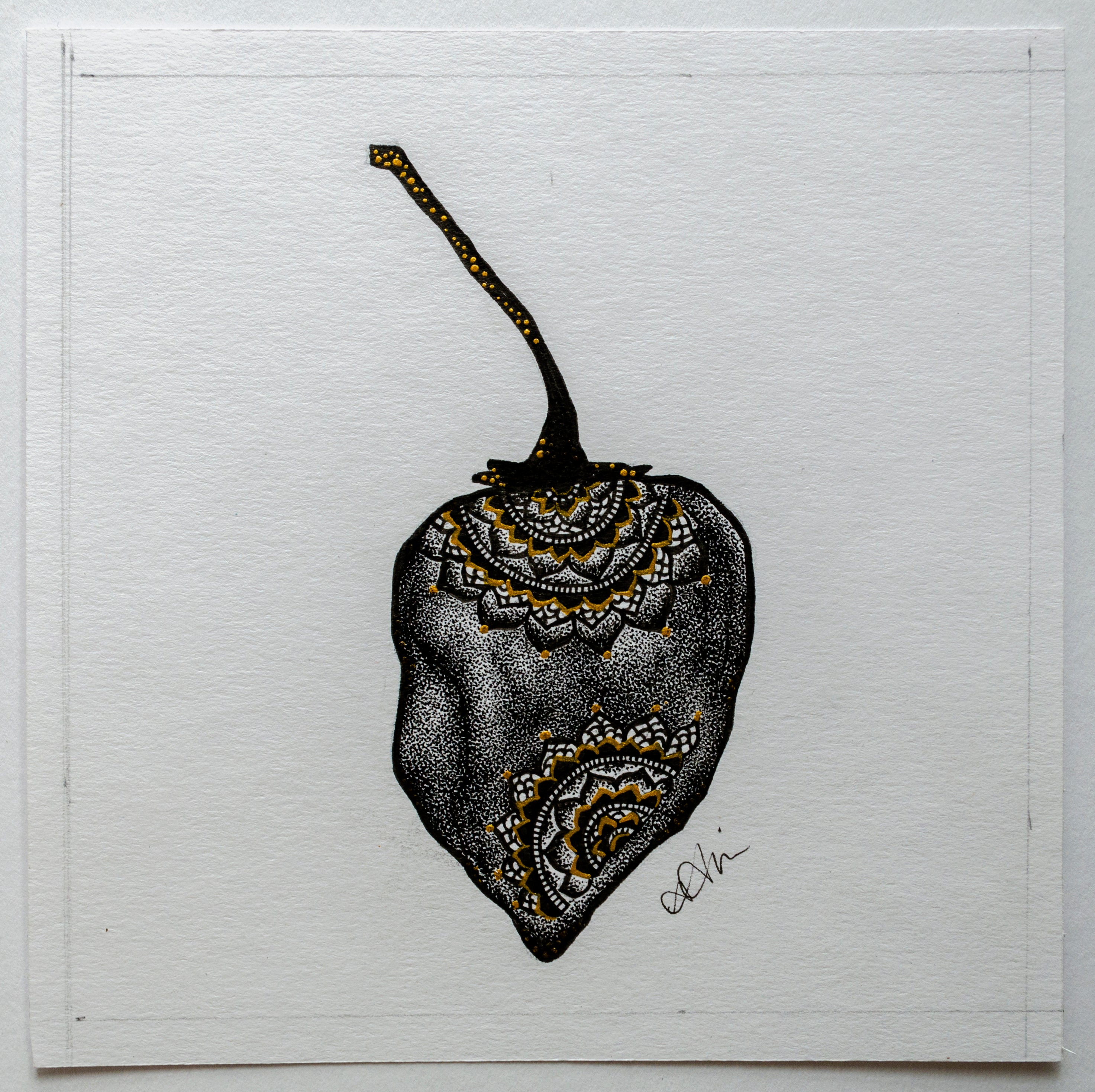 Foodie, habanero, hot pepper, chilli peppers, mandala, stippled ink, stipple, pointillism, dot work, fine art, contemporary art, art gallery, art collector