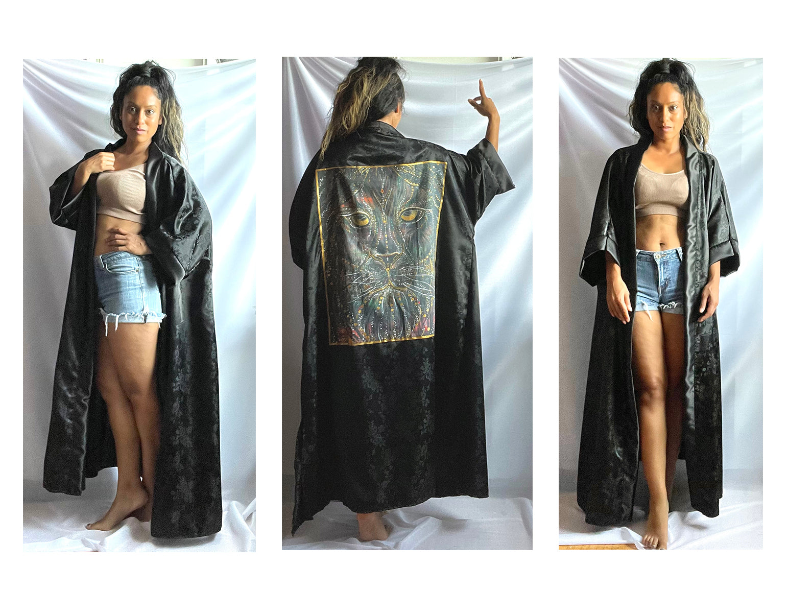 robe, lion, handmade, satin, casual, evening, evening wear, black, fashion art, 