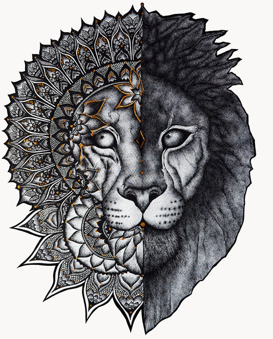 Lion, lion art, lion lovers, warrior, beast, mandala, stippled ink, illustration, black and white, wall art, fine art, contemporary art