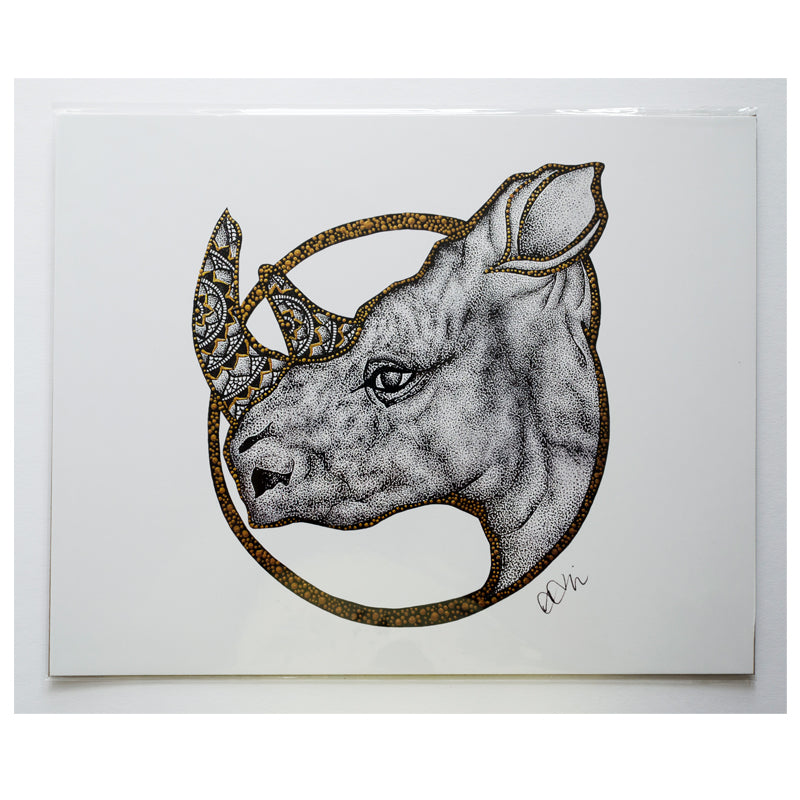 Rhino, animal lovers, animal art, art print, illustration, stippled ink, mandala art, black and white, decor, wall art