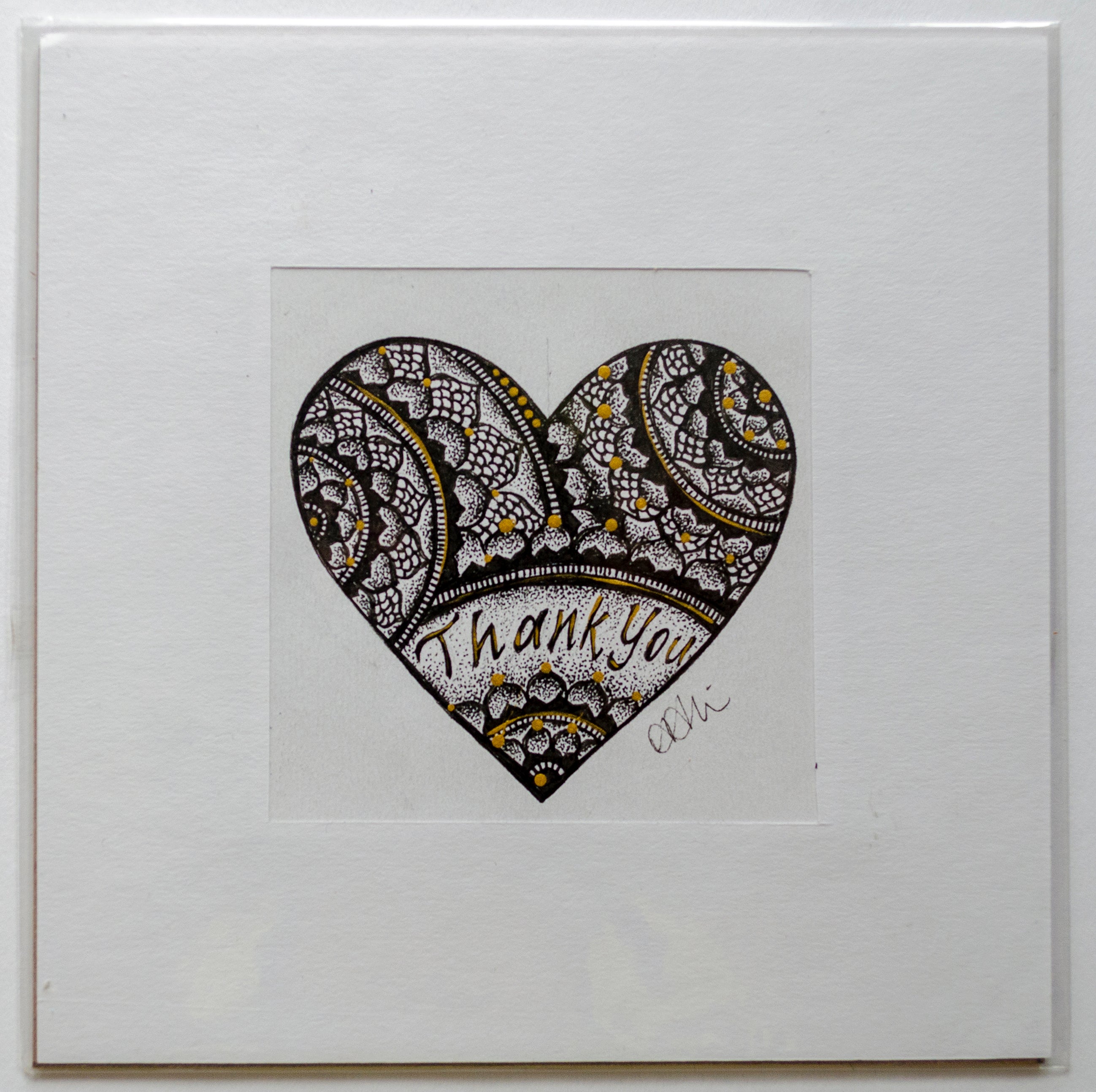 Thank you, lettering, gratitude, greeting card, hearts, mandala, stippled ink, stipple, pointillism, dot work, fine art, contemporary art, art gallery, art collector