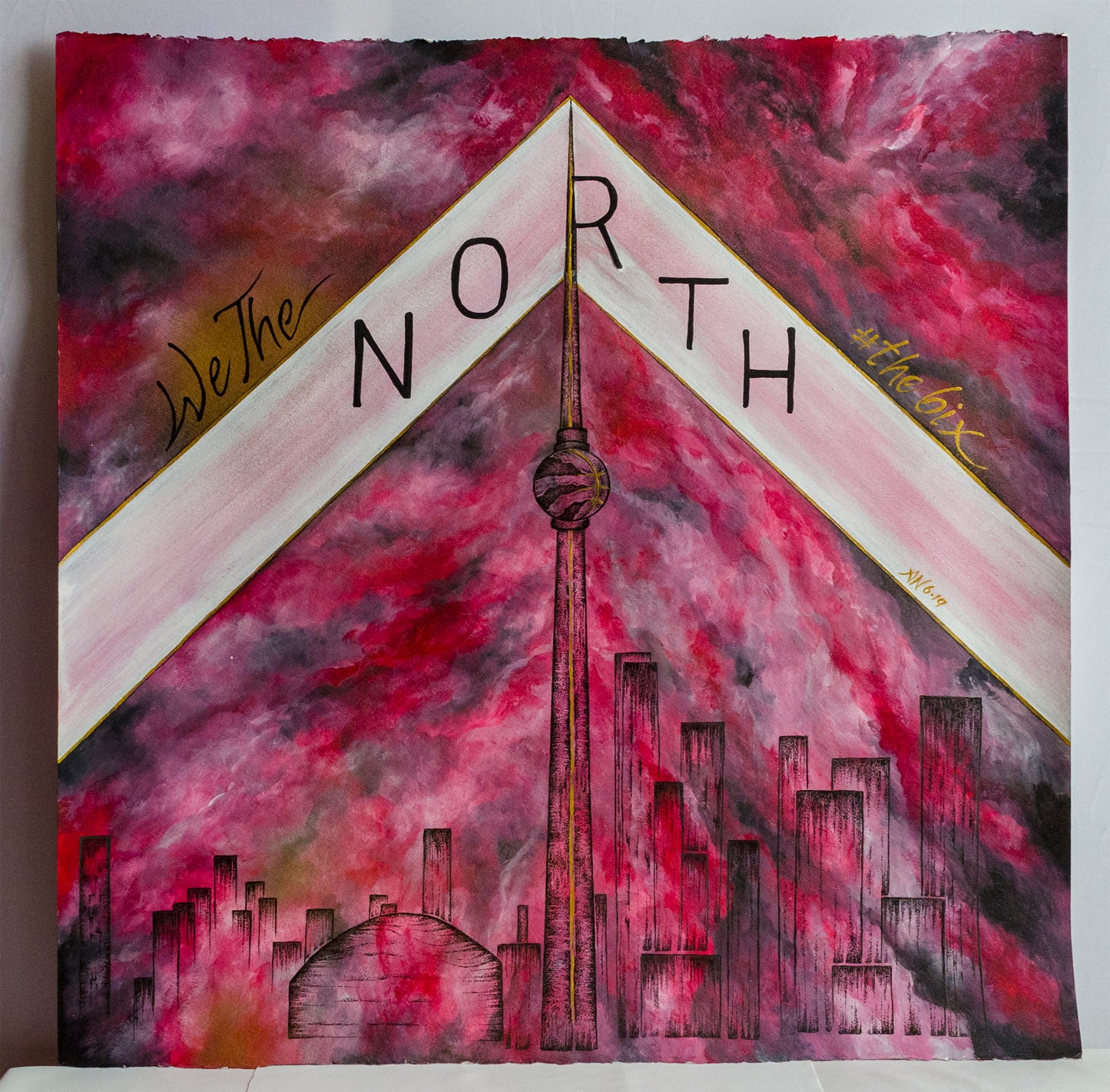Toronto art, Toronto raptors, red and black, Toronto skyline, mixed media, abstract art, contemporary art, wall art, wall decor, fine art