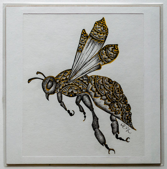 Bee, bumble bee, worker bee, animal art, wild heart, free spirit, mandala, stippled ink, stipple, pointillism, dot work, fine art, contemporary art, art gallery, art collector
