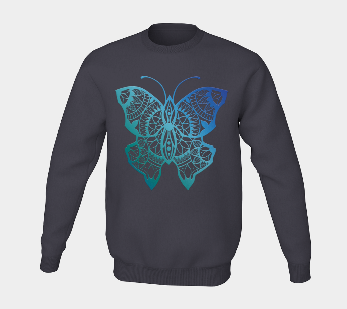 butterfly, animals, blue, mandala, crew neck, fleece, long sleeve, sweater, fall fashion, winter wear, fashion art, unisex