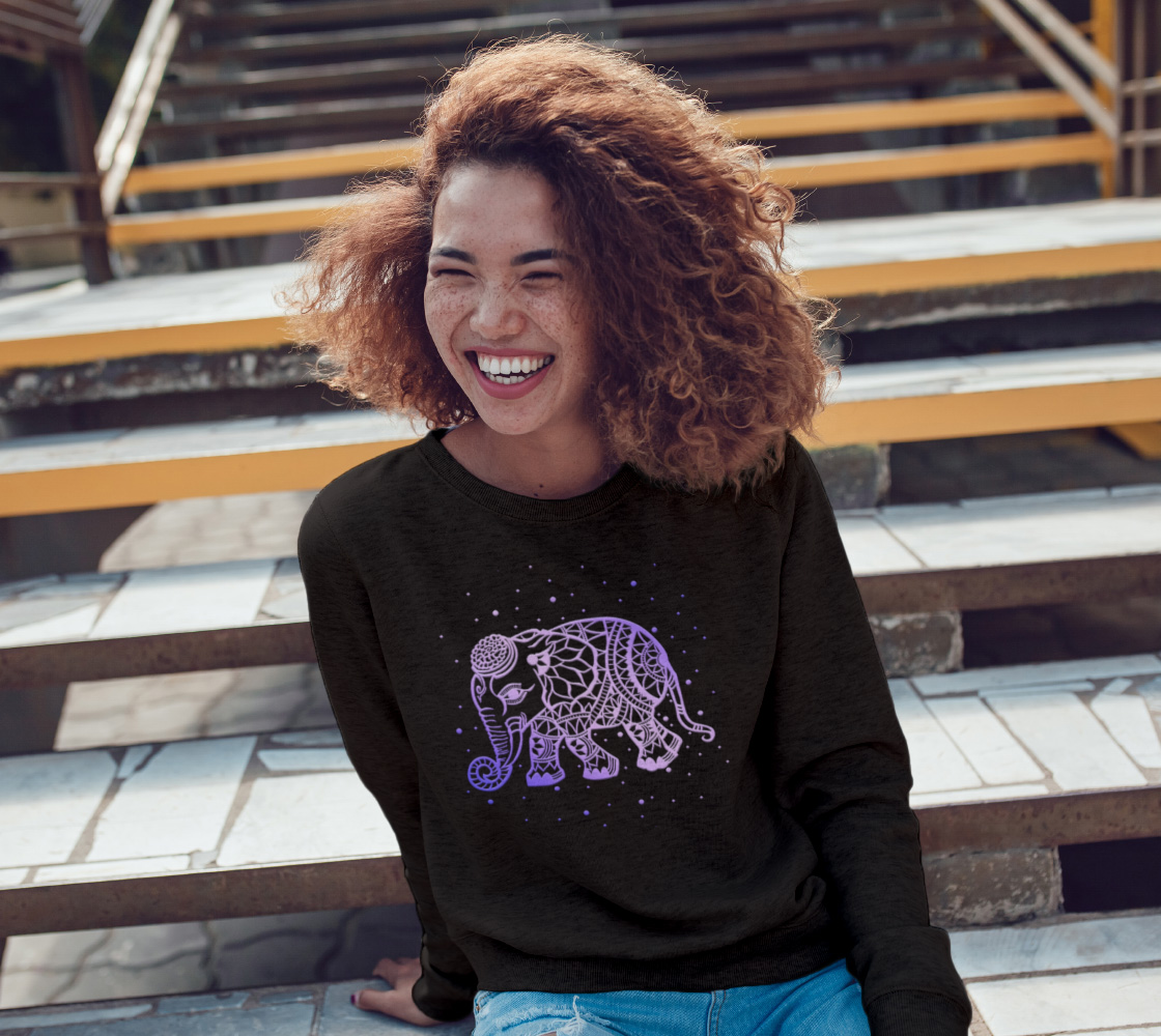 elephant, animals, purple, mandala, crew neck, fleece, long sleeve, sweater, fall fashion, winter wear, fashion art, unisex