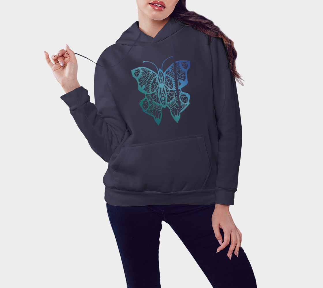 butterfly, animals, blue, mandala, hoodie, fleece, long sleeve, sweater, fall fashion, winter wear, fashion art, unisex