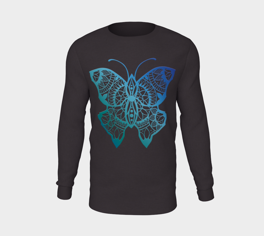 butterfly, animals, blue, mandala, long sleeve, crew neck, long sleeve, sweater, fall fashion, winter wear, fashion art, unisex